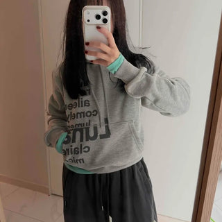 Vintage Lettering Print Loose Fit Crop Hoodie