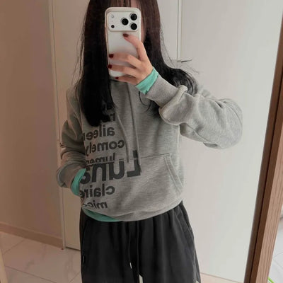 Vintage Lettering Print Loose Fit Crop Hoodie