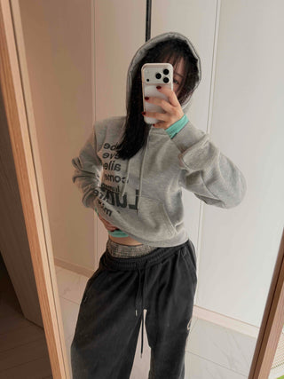 Vintage Lettering Print Loose Fit Crop Hoodie