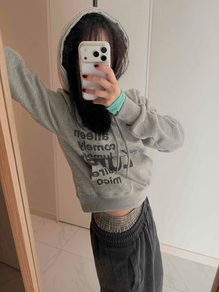 Vintage Lettering Print Loose Fit Crop Hoodie