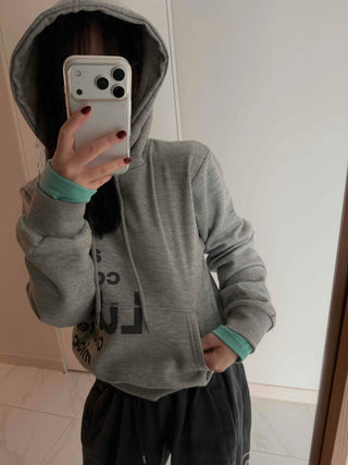 Vintage Lettering Print Loose Fit Crop Hoodie