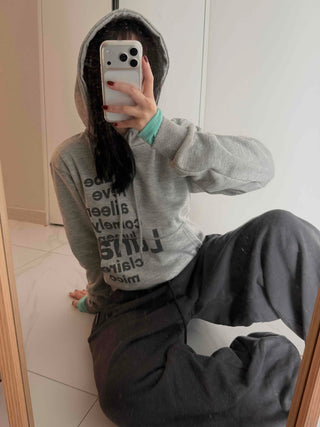 Vintage Lettering Print Loose Fit Crop Hoodie