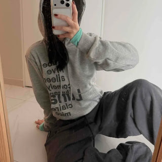 Vintage Lettering Print Loose Fit Crop Hoodie