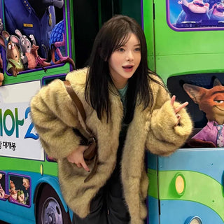 Pocket Loose Fit Midi Fur Coat Jacket