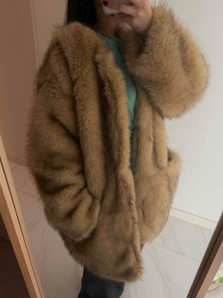 Pocket Loose Fit Midi Fur Coat Jacket