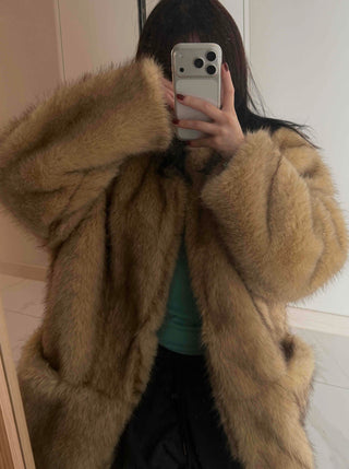 Pocket Loose Fit Midi Fur Coat Jacket