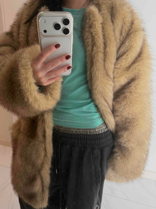 Pocket Loose Fit Midi Fur Coat Jacket