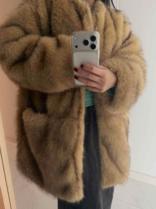 Pocket Loose Fit Midi Fur Coat Jacket