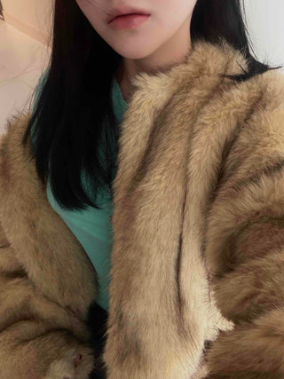 Pocket Loose Fit Midi Fur Coat Jacket