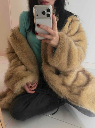 Pocket Loose Fit Midi Fur Coat Jacket
