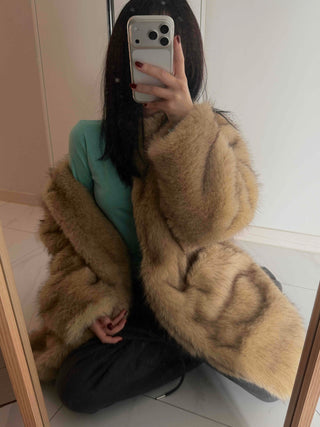 Pocket Loose Fit Midi Fur Coat Jacket