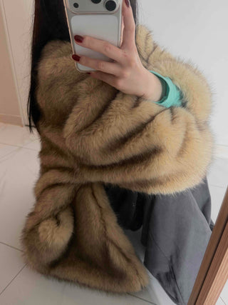 Pocket Loose Fit Midi Fur Coat Jacket