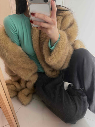 Pocket Loose Fit Midi Fur Coat Jacket