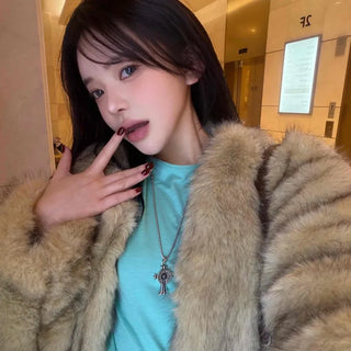 Pocket Loose Fit Midi Fur Coat Jacket