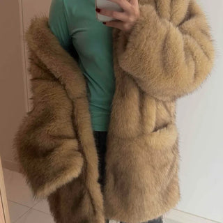 Pocket Loose Fit Midi Fur Coat Jacket