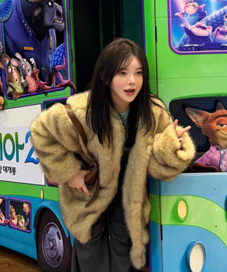 Pocket Loose Fit Midi Fur Coat Jacket
