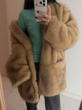 Pocket Loose Fit Midi Fur Coat Jacket