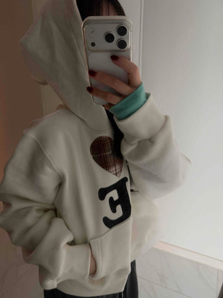 Heart Patch Lining, Accent Color Mix, Balloon Sleeve Hoodie