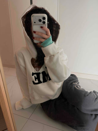 Heart Patch Lining, Accent Color Mix, Balloon Sleeve Hoodie