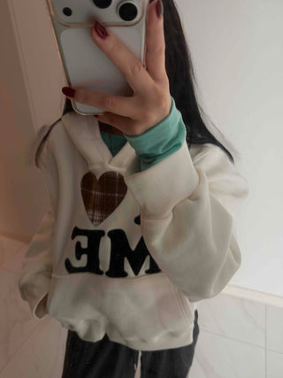 Heart Patch Lining, Accent Color Mix, Balloon Sleeve Hoodie