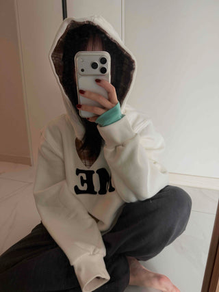 Heart Patch Lining, Accent Color Mix, Balloon Sleeve Hoodie