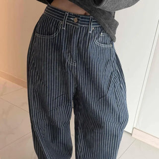Pinstripe High-Waisted Wide Cotton Pants