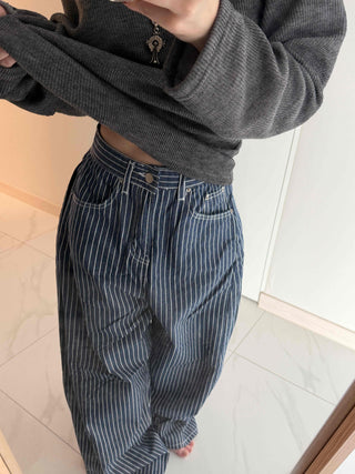 Pinstripe High-Waisted Wide Cotton Pants