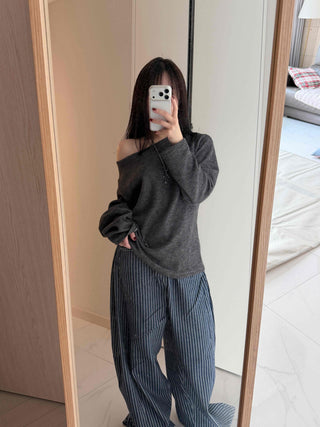Pinstripe High-Waisted Wide Cotton Pants