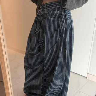 Pinstripe High-Waisted Wide Cotton Pants