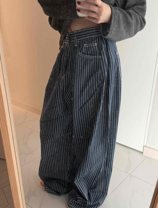 Pinstripe High-Waisted Wide Cotton Pants