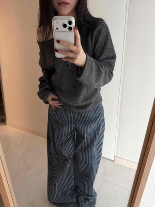 Pinstripe High-Waisted Wide Cotton Pants