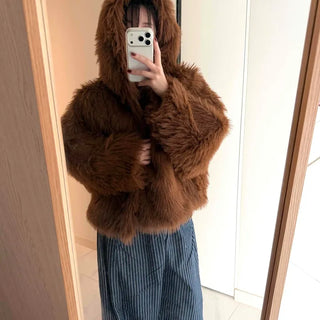 Vintage Shaggy Faux Fur Hooded Balloon Jacket