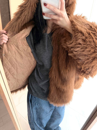 Vintage Shaggy Faux Fur Hooded Balloon Jacket