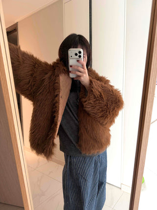 Vintage Shaggy Faux Fur Hooded Balloon Jacket