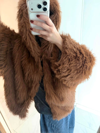 Vintage Shaggy Faux Fur Hooded Balloon Jacket