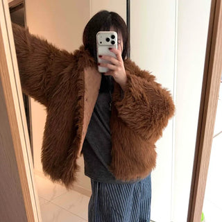 Vintage Shaggy Faux Fur Hooded Balloon Jacket