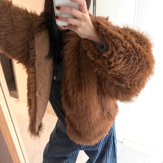Vintage Shaggy Faux Fur Hooded Balloon Jacket