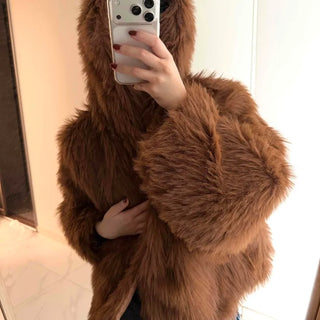 Vintage Shaggy Faux Fur Hooded Balloon Jacket