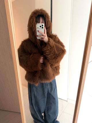 Vintage Shaggy Faux Fur Hooded Balloon Jacket