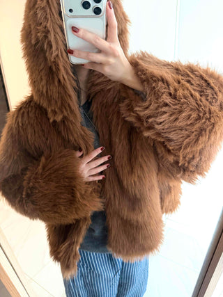 Vintage Shaggy Faux Fur Hooded Balloon Jacket