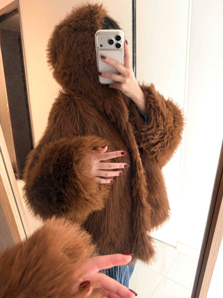 Vintage Shaggy Faux Fur Hooded Balloon Jacket