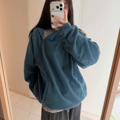 Diagonal Zip-Up Loose Fit Fleece Hoodie