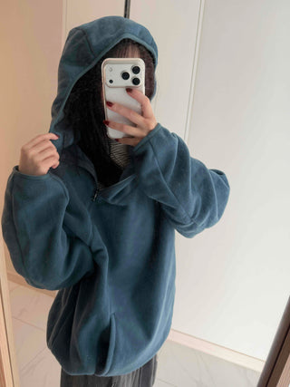 Diagonal Zip-Up Loose Fit Fleece Hoodie