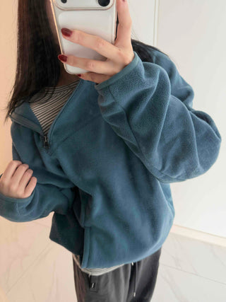 Diagonal Zip-Up Loose Fit Fleece Hoodie