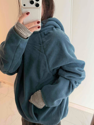 Diagonal Zip-Up Loose Fit Fleece Hoodie