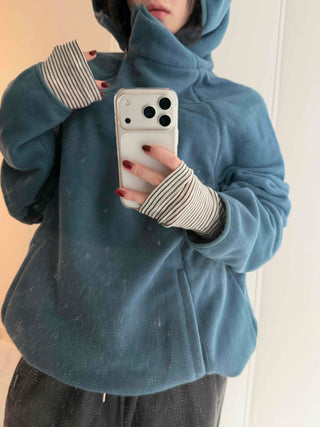Diagonal Zip-Up Loose Fit Fleece Hoodie