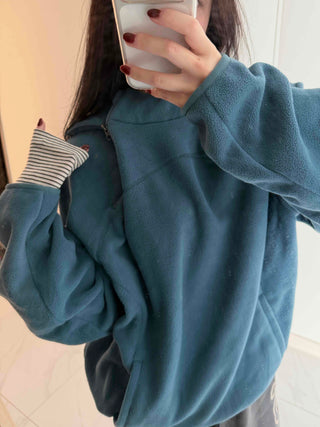 Diagonal Zip-Up Loose Fit Fleece Hoodie