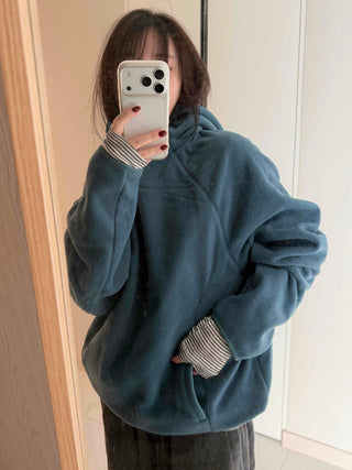 Diagonal Zip-Up Loose Fit Fleece Hoodie