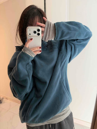 Diagonal Zip-Up Loose Fit Fleece Hoodie