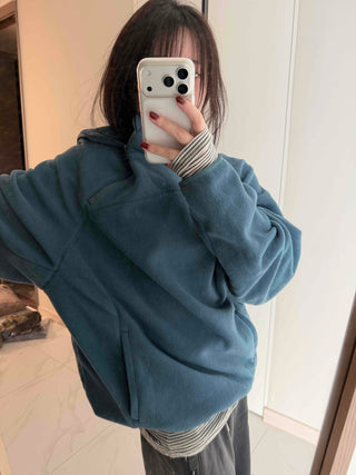 Diagonal Zip-Up Loose Fit Fleece Hoodie